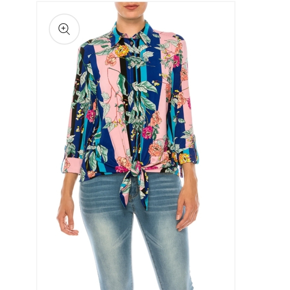 Nygard Blue Carn Stripe Floral Print 3/4 Sleeve Collared Top